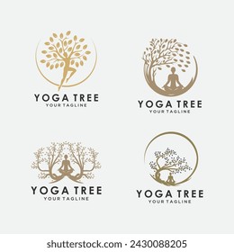 set Vector yoga logo concept. tree position insignia design. Wellness center illustration. Girl with leaves on white background