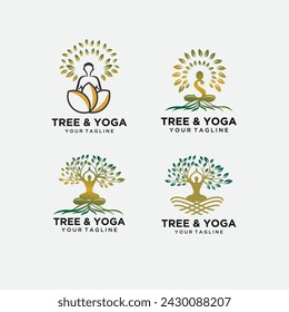 set Vector yoga logo concept. tree position insignia design. Wellness center illustration. Girl with leaves on white background