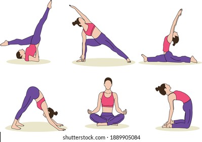 Set of vector yoga poses illustration of slim sportive young woman doing yoga and fitness exercises. Healthy lifestyle. Various yoga positions isolated on white background.