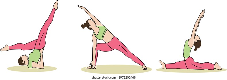 Set of vector yoga poses illustration of slim sportive young woman doing yoga and fitness exercises. . Various yoga positions with green and light pink color outfit on white background.