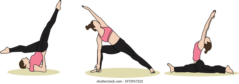 Set of vector yoga poses illustration of slim sportive young woman doing yoga and fitness exercises.  Various yoga positions with black and pink color outfit on white background.