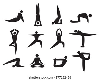 Set of vector yoga poses on a white background.