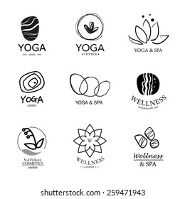 Set of vector yoga and spa logo elements isolated on white background. Wellness, health care and cosmetics emblem collection.  