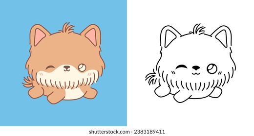 Set Vector Yorkshire Terrier Dog Multicolored and Black and White. Kawaii Clip Art Puppy. Cute Vector Illustration of a Kawaii Animal for Stickers, Baby Shower, Coloring Pages. 