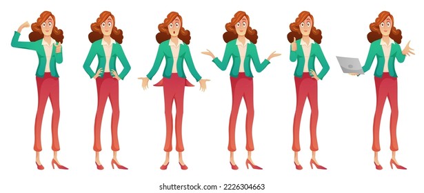 Set vector of young woman standing with various emotion in cartoon character, vector illustration on white background