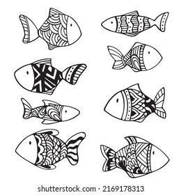 Set of vector zen doodle fish. Black and white doodle hand drawn sketch. Zen tangle tattoo drawing. Coloring book page for adults, children. Relax
