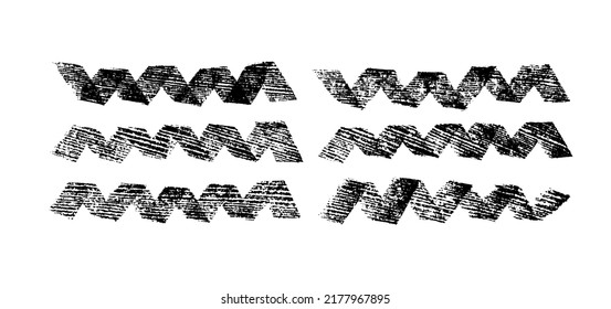 Set of vector zig zag texture lines. Hand drawn vector geometric stripes. Simple geometric abstract elements. Black paint brush strokes collection. Charcoal dry drawing. Bold horizontal zigzag lines.