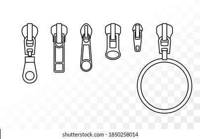 Set of vector zipper icons. Isolated fashion sewing item and apparel. Illustrations of zip in different variations.