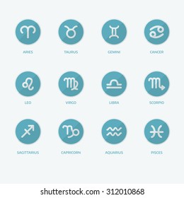 Set of vector zodiac signs and circle icons with captions