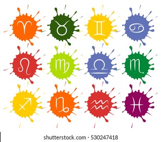 Set of vector Zodiac signs colorful paint drops