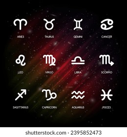 Set of vector zodiac signs, icons with captions, on the colorful space background