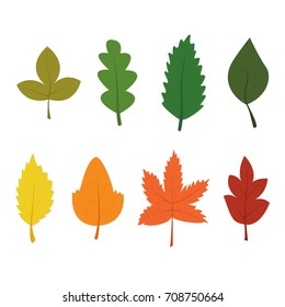 Set of vectorial autumn leaves. Vector texture for design. Colorful background in a flat style. Orange, yellow, red, green.