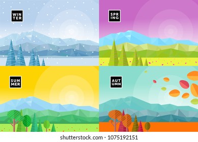 set of vectorial flat illustrations of seasons, mountain landscapes of winter, spring, autumn and summer, abstract backgrounds from geometric figures and triangles