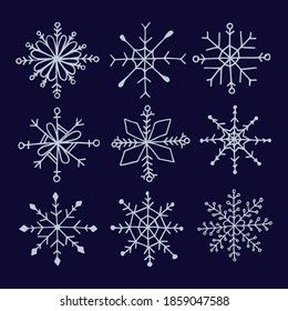 Set Vectorial illustration of snowflakes in doodle style hand set. Snowflake collection for christmas winter design. Eps 10.