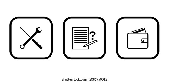 Conjunto de iconos vectorizados: destornillador y llave; la lista impresa de papel y los símbolos de lápiz; cartera con imagen de tarjeta de crédito.