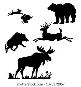 Set, of Vector-isolated black silhouettes of forest European animals; elk, boar, deer, two hares, bear on white background 