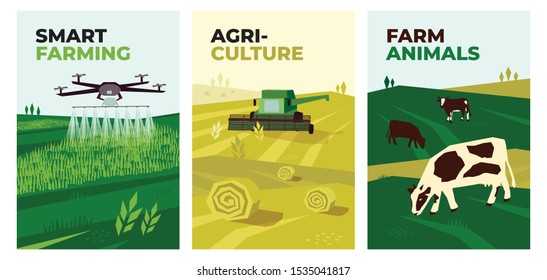 Set of vectors with agriculture, harvest, smart farming and farm animals. Illustrations of irrigation drone spraying on field, combine harvester and cows in pasture. Template for poster, banner, print