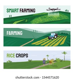 Set of vectors with agriculture, smart farming and rice crops cultivation. Illustrations of irrigation drone, tractor spraying on field, people working in paddy. Template for poster, banner, flyer, ad