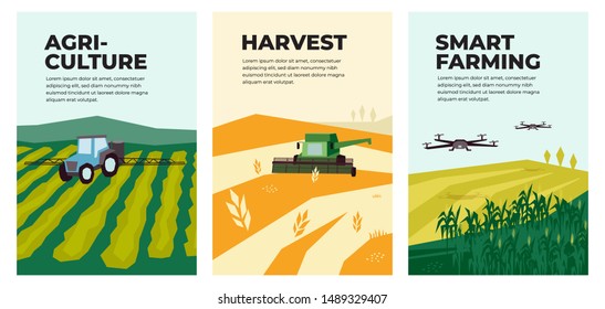 Set of vectors with agriculture,harvest, smart farming. Illustrations of irrigation tractor spraying on field,combine harvester, drones,agro industry and technology. Template for poster, annual report