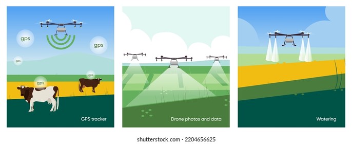 Conjunto de vectores con agricultura, cosecha, agricultura inteligente. Ilustraciones de fumigación de drones de riego en el campo, la agroindustria y la tecnología. Plantilla para el afiche, informe anual