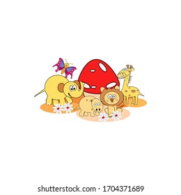 Set of vectors with animals in cartoon style jungle. Vector collection of children