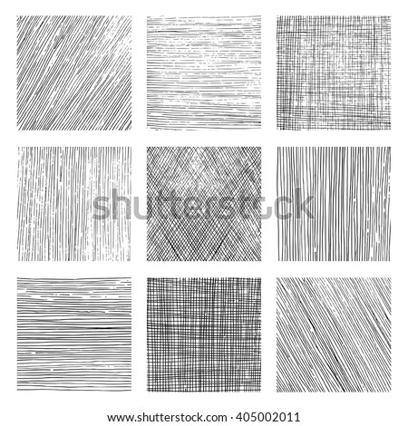 Set of vectors backgrounds created with different kind of hatchings. Textures created with vertical, horizontal or diagonal lines drawn with a black pen. Stockfoto © 