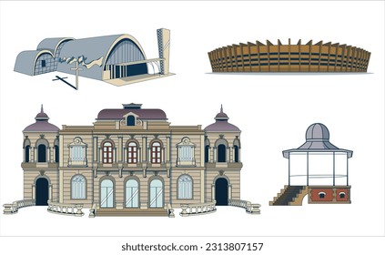 Set of Vectors of Belo Horizonte city, Minas Gerais, Brazil, with Church, palace of freedom,, Stadium and bandstand of Freedom Square