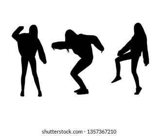 Set of vectors black female silhouettes of young teenage girl hipster dancing and posing in sweetshirt isolated on white background.