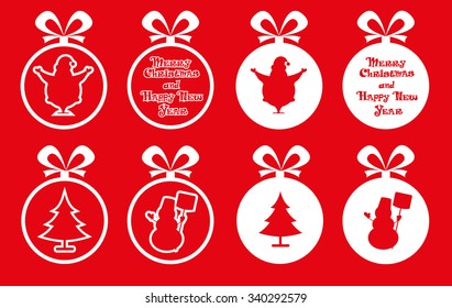 Set vectors Christmas balls different decoration silhouette Santa's gift box, deer, snowflake and hand drawn text Merry Christmas and Happy New Year