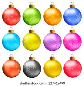 Set of vectors - Christmas balls in vivid colors with snowflakes model.