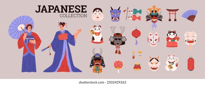 A set of vectors dedicated to a diverse Japanese culture: girls in kimonos, demon masks, samurai helmets and kabuki accessories. Ideal for festival decoration