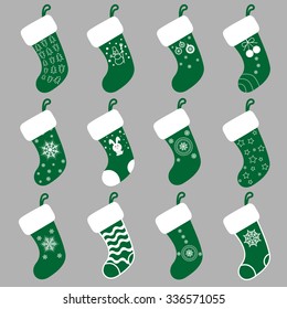 Set vectors design elements: Christmas presents socks Santa Claus with different ornaments