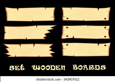 Set vectors design elements six wooden boards isolated on black background