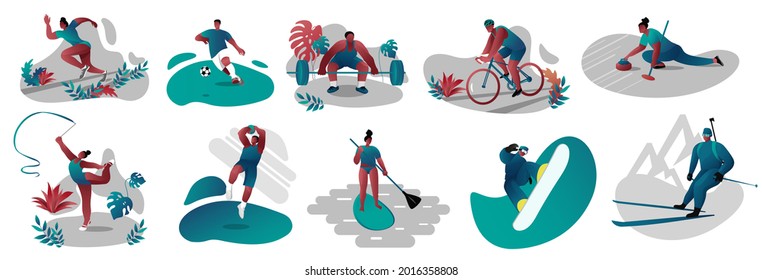 a set of vectors with different sports. Gymnastics, Running, Snowboarding, Snowboarding, Cycling, Biathlon, Triathlon, Football, Basketball, weightlifting, Curling