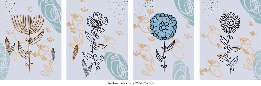 Set of vectors drawing wild plants, flowers, artistic botanical abstract illustrations, isolated flower elements, hand drawn illustrations.