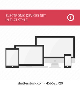 
Set of vectors electronic devices. Realistic vector laptop, tablet computer, monitor and mobile phone template. Electronic Devices with Black Screens. Various modern electronic Devices icons.