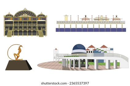 Conjunto de vectores de lugares famosos de Fortaleza , Ceara, en Brasil. Incluyendo lugares turísticos como un teatro, planetario y centro artístico, muelle y una estatua de carácter icónico.