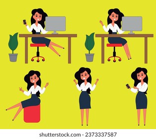 Set of Vectors Featuring an Elegant and Professional Woman, Black-Haired Secretary in Multiple Poses, Office Character Illustration for Business and Commercial Design, Modern Office Vector Set in Corp