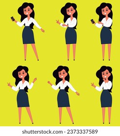 Set of Vectors Featuring an Elegant and Professional Woman, Black-Haired Secretary in Multiple Poses, Office Character Illustration for Business and Commercial Design, Modern Office Vector Set in Corp