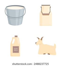 Set of vectors featuring a metal bucket of milk, a milk can, a carton of goat milk, and a goat