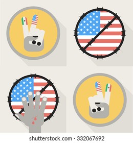 Set of Vectors Illustrating Migration Crisis in USA. Peace Between USA and Mexico. USA Flag Surrounded by Barbed Wire. Wounded Immigrant reaching to USA.