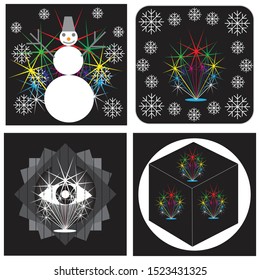 Set of vectors and illustrations of fireworks. Christmas snowman for Christmas and New Year. Backgrounds and badges for logos. A set of pictures for the holiday.