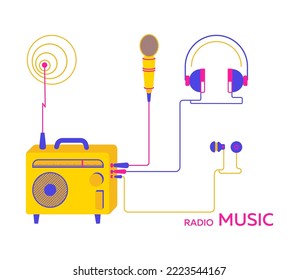 Set Vectors illustrations yellow radio receiver player with accessories, headphones, earphone, microphone on white background. For bright hipster concept design