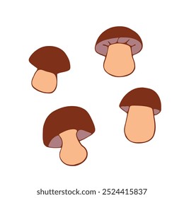 Set of vectors mushrooms in doodle flat style. Hand drawn color illustrations, clipart, design elements isolated. Theme of nature, forest, thanksgiving