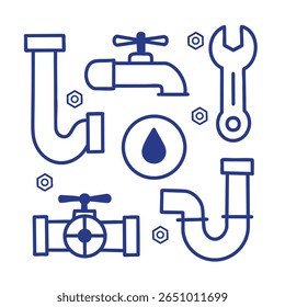 Conjunto de Vectores sobre el tema de la plomería, con una llave inglesa, tuberías, un grifo y gotas de agua