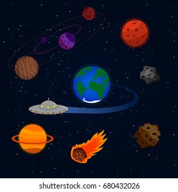 Set of vectors on a theme of space. Multicolored planets, Earth, asteroids and meteorites, flying saucer.vector illustration. Template on a space theme