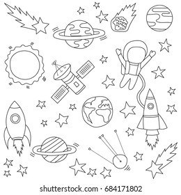 Set of vectors on a theme of space. Stars and meteorites, a rocket and an astronaut, satellites. Vector illustration. Template on the theme of space