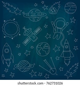 Set of vectors on a theme of space on a blue background. Stars and meteorites, a rocket and an astronaut, satellites. Drawing chalk on a blackboard. Vector illustration. Template on the theme of space