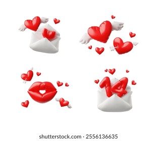 A set of vectors on the theme of Valentine's Day, containing 3d icons in the form of red hearts with wings and arrows, as well as envelopes and the number 14