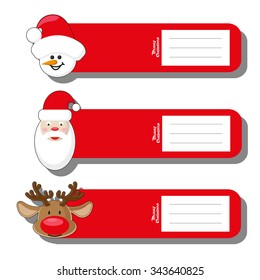 Set vectors pattern for label or bookmark Christmas type with face Santa Claus, deer and snowman isolated on white background